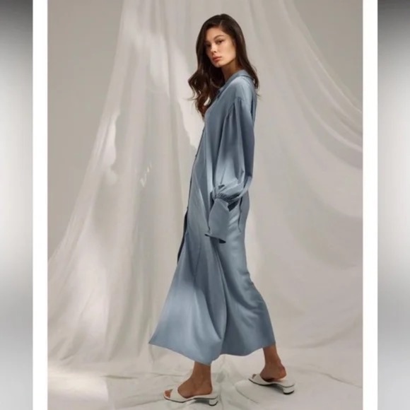 Nap Loungewear Drape Shirt Robe Maxi Dress in frost blue M - Picture 9 of 9